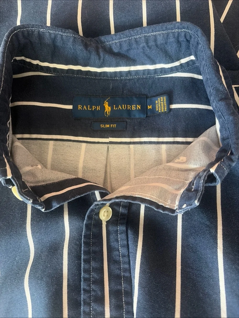 Ralph Lauren Blue White Striped 100% Cotton Slim Fit Button Down Shirt Medium